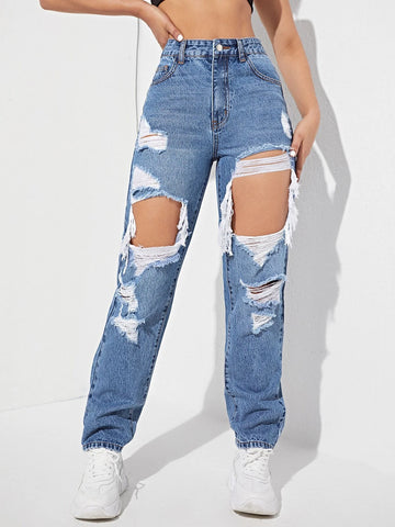 High Waisted Ripped Straight Leg Jeans