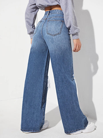 High Waisted Ripped Wide Leg Jeans