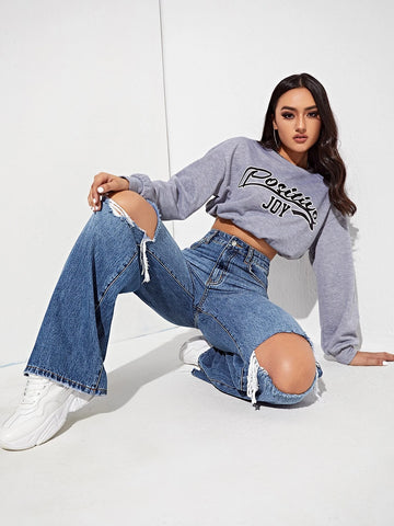 High Waisted Ripped Wide Leg Jeans