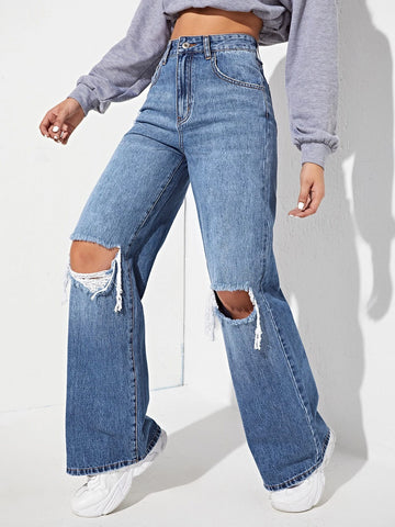 High Waisted Ripped Wide Leg Jeans