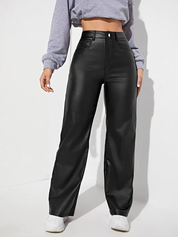 High Waist Straight Leg Leather Look Jeans