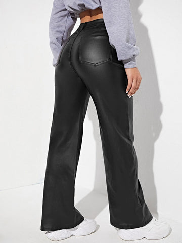 High Waist Straight Leg Leather Look Jeans