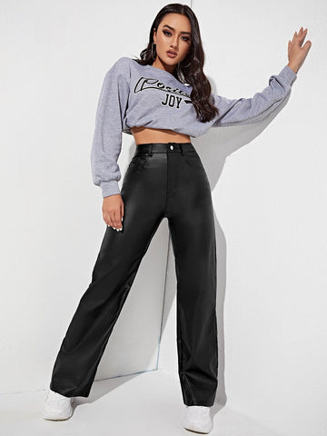 High Waist Straight Leg Leather Look Jeans
