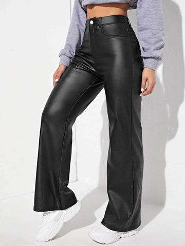 High Waist Straight Leg Leather Look Jeans