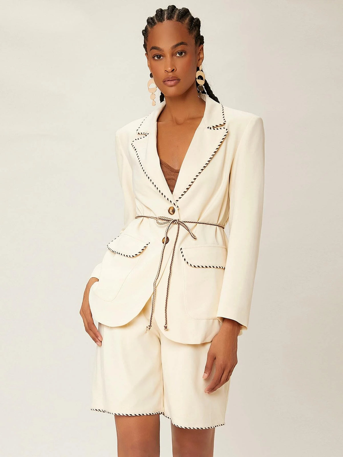 Flap Pocket Contrast Binding Belted Blazer & Shorts