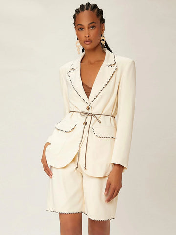 Flap Pocket Contrast Binding Belted Blazer & Shorts