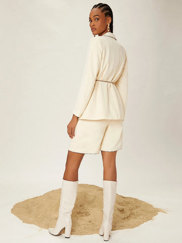 Flap Pocket Contrast Binding Belted Blazer & Shorts