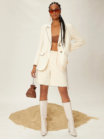 Flap Pocket Contrast Binding Belted Blazer & Shorts