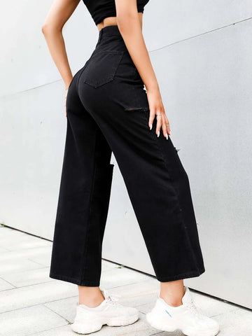High Waist Ripped Wide Leg Jeans