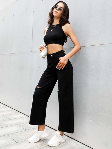 High Waist Ripped Wide Leg Jeans