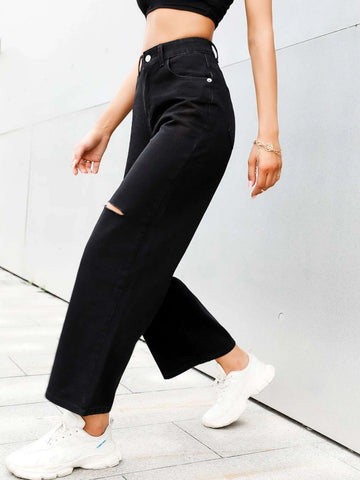 High Waist Ripped Wide Leg Jeans