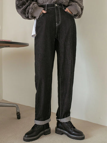 DAZY Slant Pocket Top-stitching Straight Leg Jeans