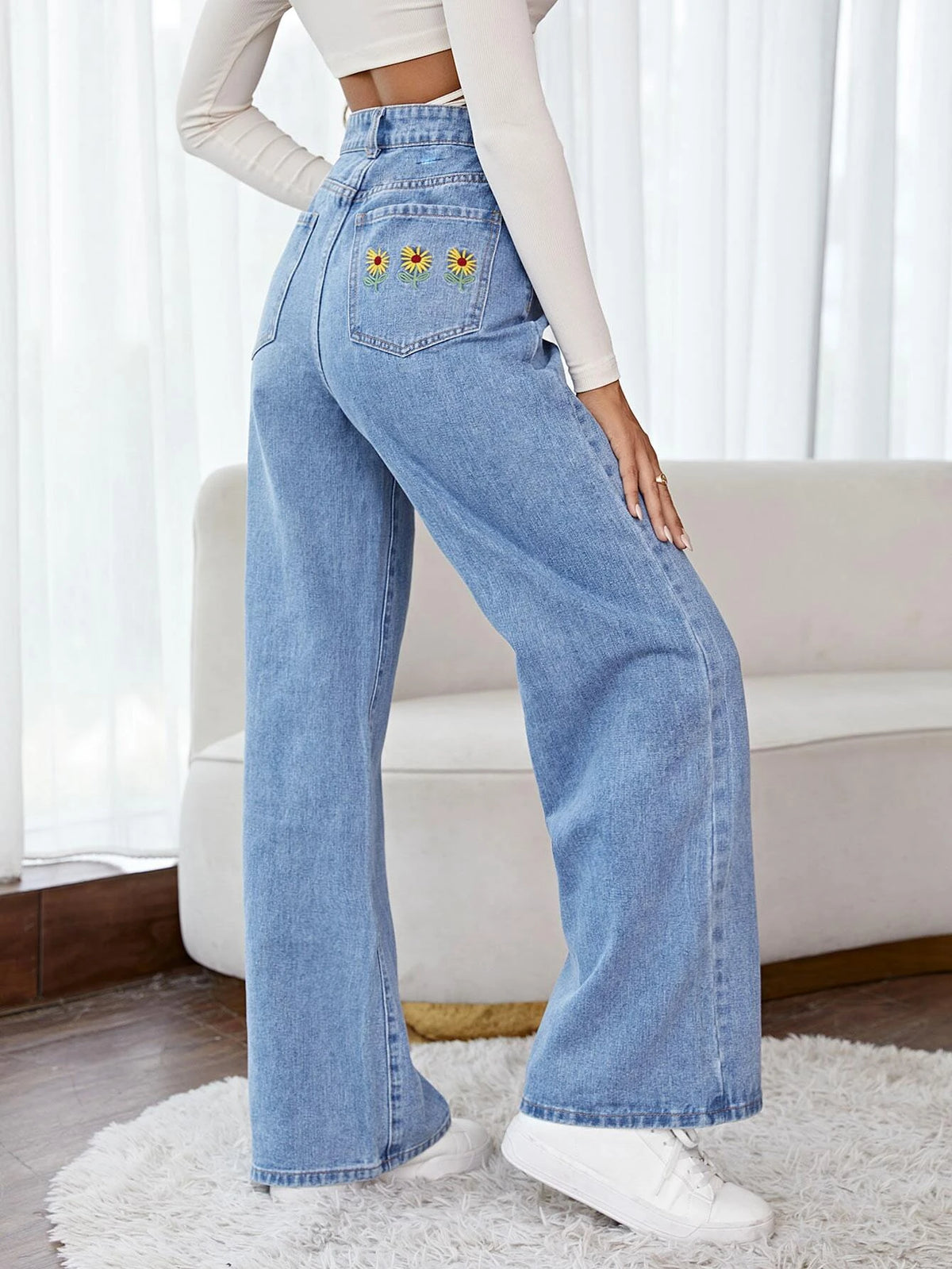 High Waist Wide Leg Floral Embroidery Jeans