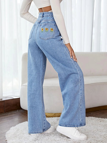 High Waist Wide Leg Floral Embroidery Jeans