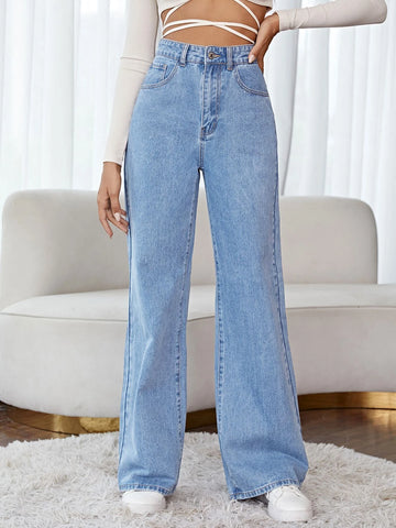 High Waist Wide Leg Floral Embroidery Jeans