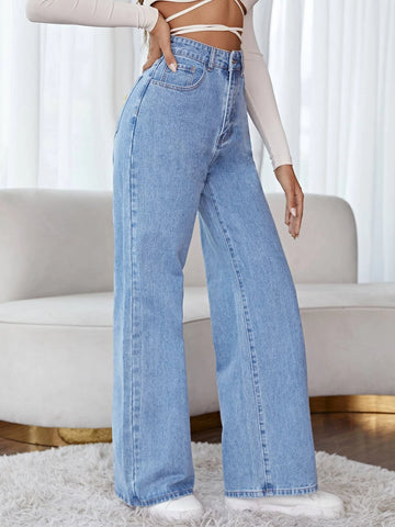 High Waist Wide Leg Floral Embroidery Jeans