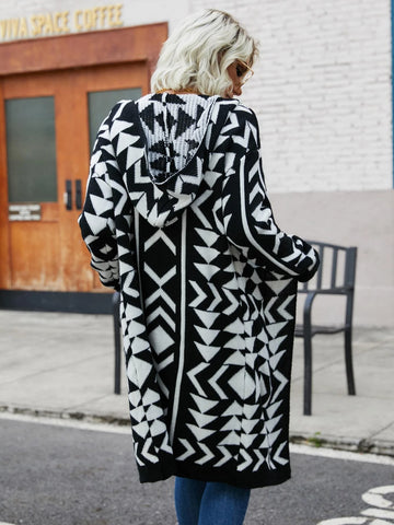 Geo Pattern Drop Shoulder Open Front Hooded Cardigan