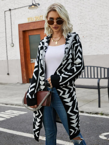 Geo Pattern Drop Shoulder Open Front Hooded Cardigan