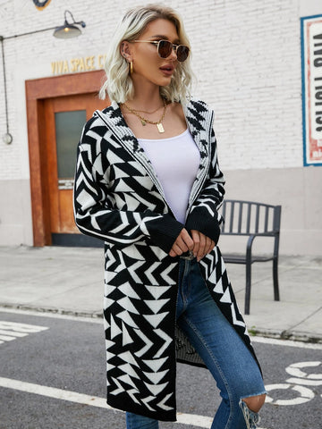 Geo Pattern Drop Shoulder Open Front Hooded Cardigan