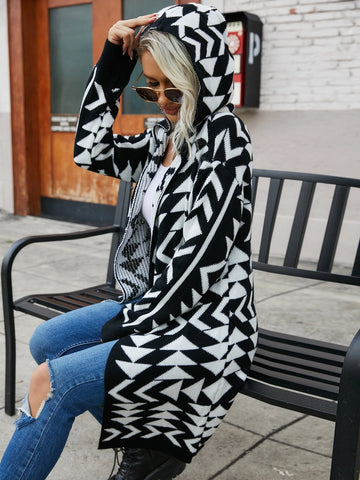 Geo Pattern Drop Shoulder Open Front Hooded Cardigan