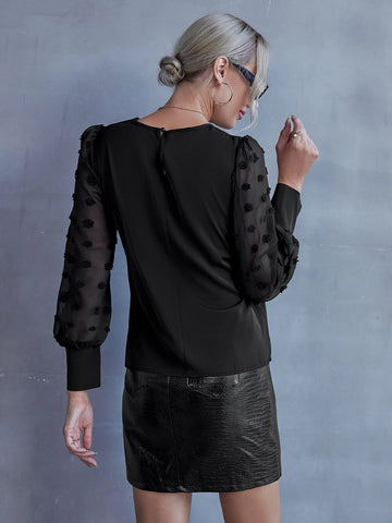 Solid Swiss Dot Bishop Sleeve Blouse