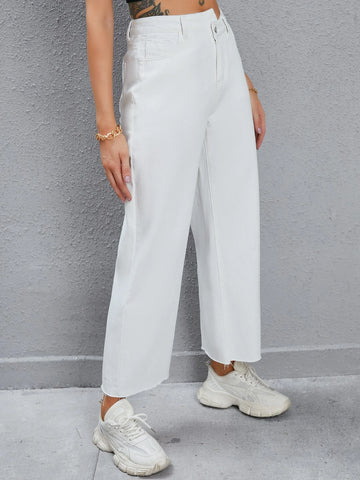 Stepped Waist Raw Cut Wide Leg Jeans