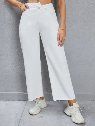 Stepped Waist Raw Cut Wide Leg Jeans