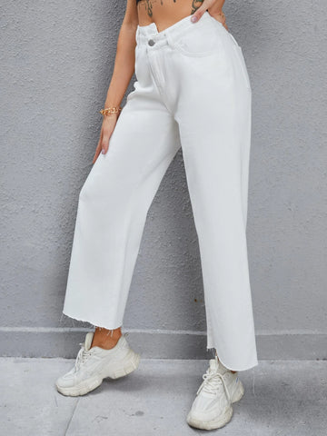 Stepped Waist Raw Cut Wide Leg Jeans