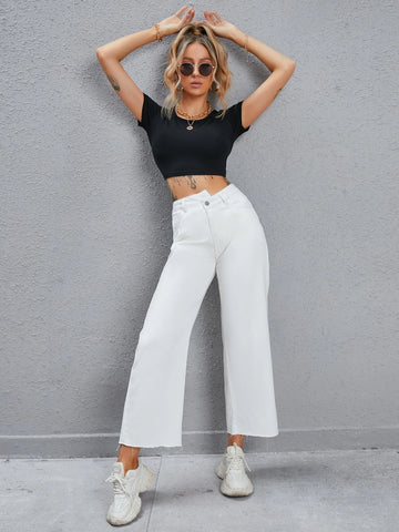 Stepped Waist Raw Cut Wide Leg Jeans