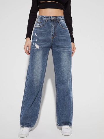 High Waist Ripped Straight Leg Jeans