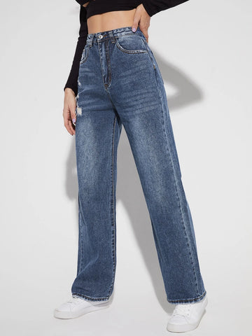 High Waist Ripped Straight Leg Jeans