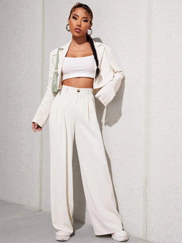 EZwear Lapel Neck Single Button Crop Blazer & Pants