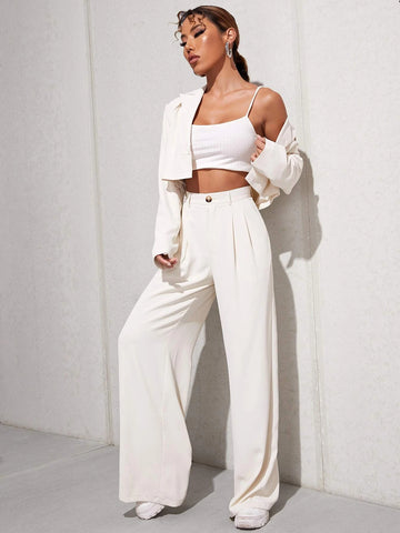 EZwear Lapel Neck Single Button Crop Blazer & Pants