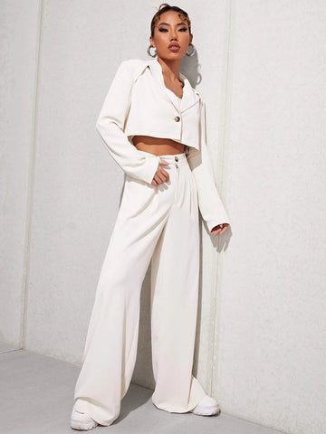 EZwear Lapel Neck Single Button Crop Blazer & Pants