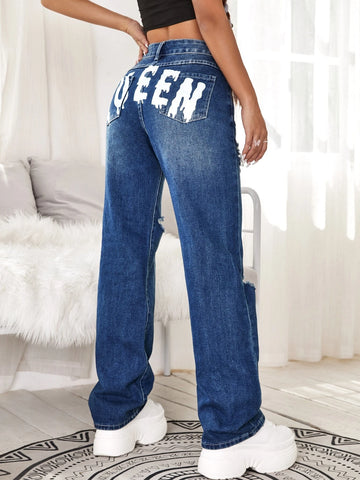 Medium Washed Letter Print Ripped Jeans