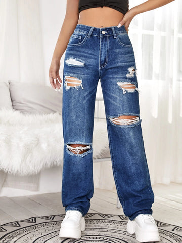 Medium Washed Letter Print Ripped Jeans