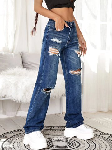 Medium Washed Letter Print Ripped Jeans