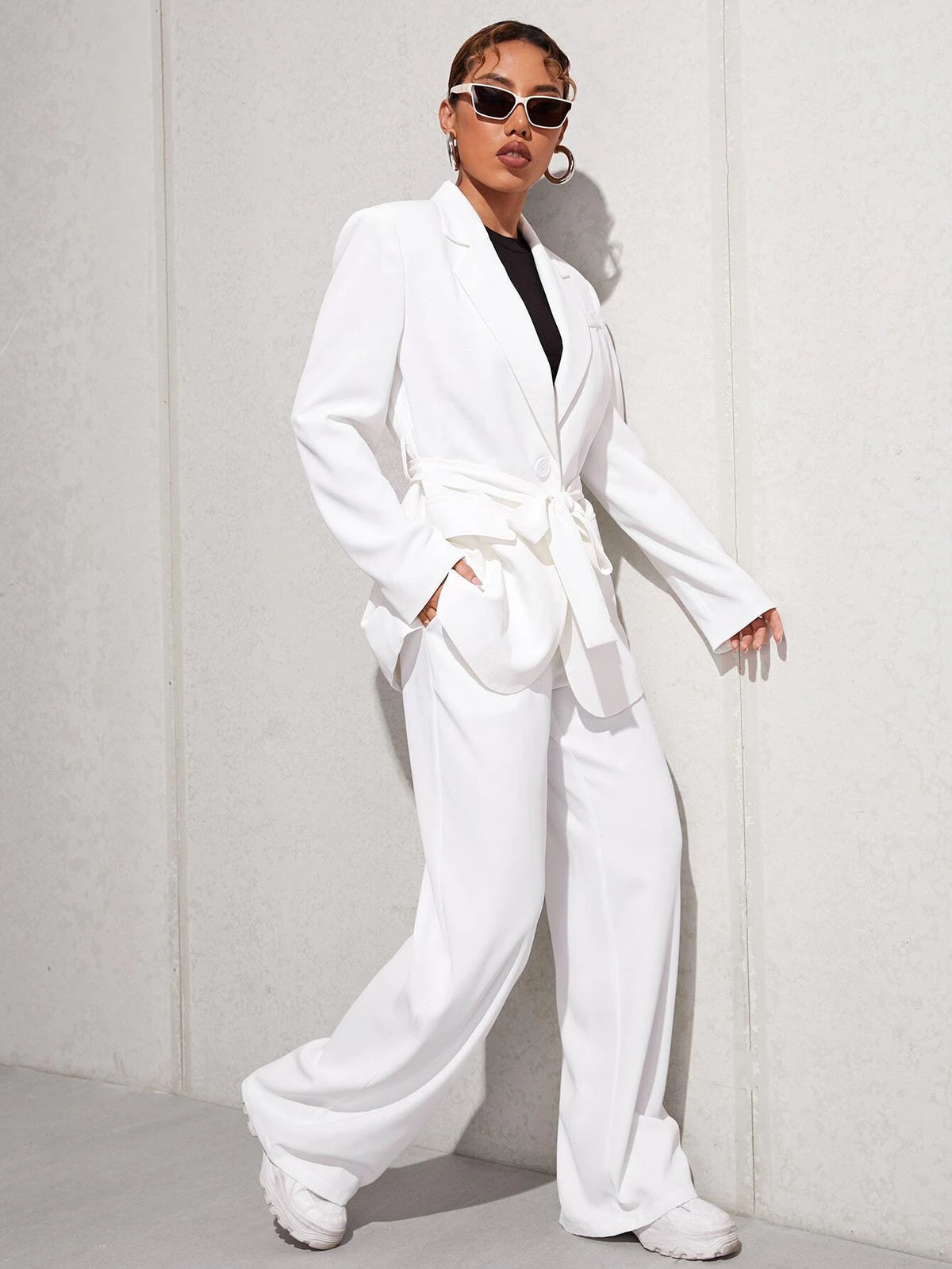 Lapel Neck Belted Blazer & Tailored Pants