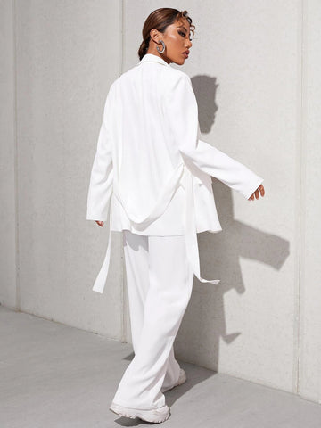 Lapel Neck Belted Blazer & Tailored Pants