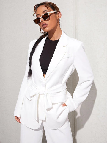 Lapel Neck Belted Blazer & Tailored Pants