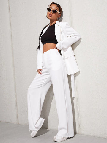 Lapel Neck Belted Blazer & Tailored Pants