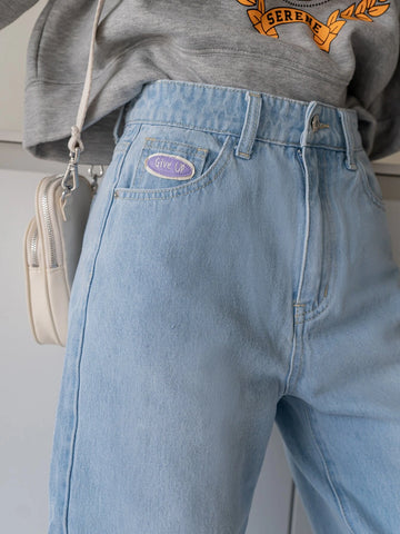 DAZY Patched Detail Straight Leg Jeans