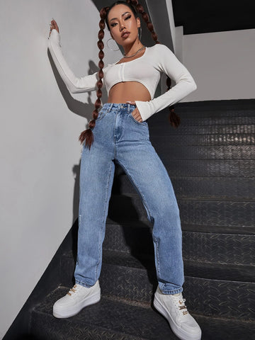 High Waist Straight Leg Jeans