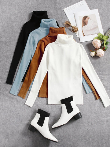 4pcs Solid Turtleneck Ribbed Knit Sweater