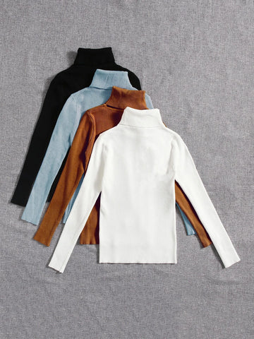 4pcs Solid Turtleneck Ribbed Knit Sweater