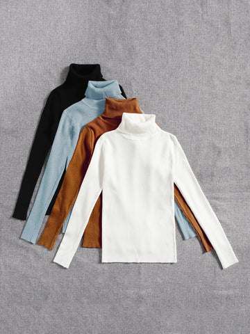 4pcs Solid Turtleneck Ribbed Knit Sweater