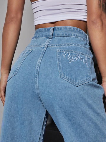 Fire Print Raw Hem Straight Leg Jeans