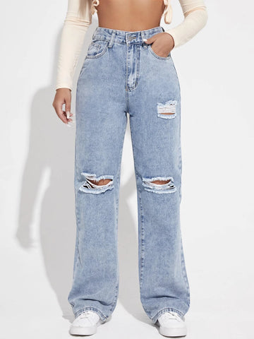 High Waist Ripped Frayed Straight Leg Jeans