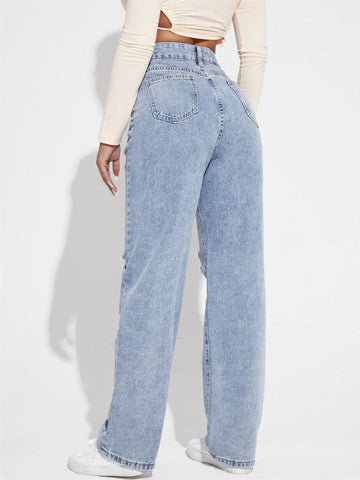 High Waist Ripped Frayed Straight Leg Jeans