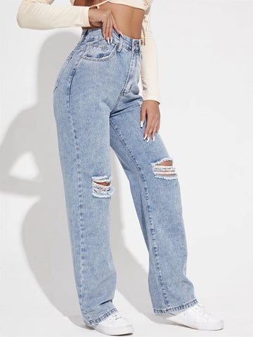 High Waist Ripped Frayed Straight Leg Jeans